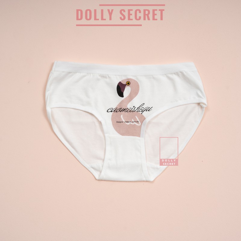 Quần lót nữ cotton cao cấp nâng mông màu trắng in 1 hình hồng hạc lớn dễ thương đáng yêu DOLLY SECRET QL007