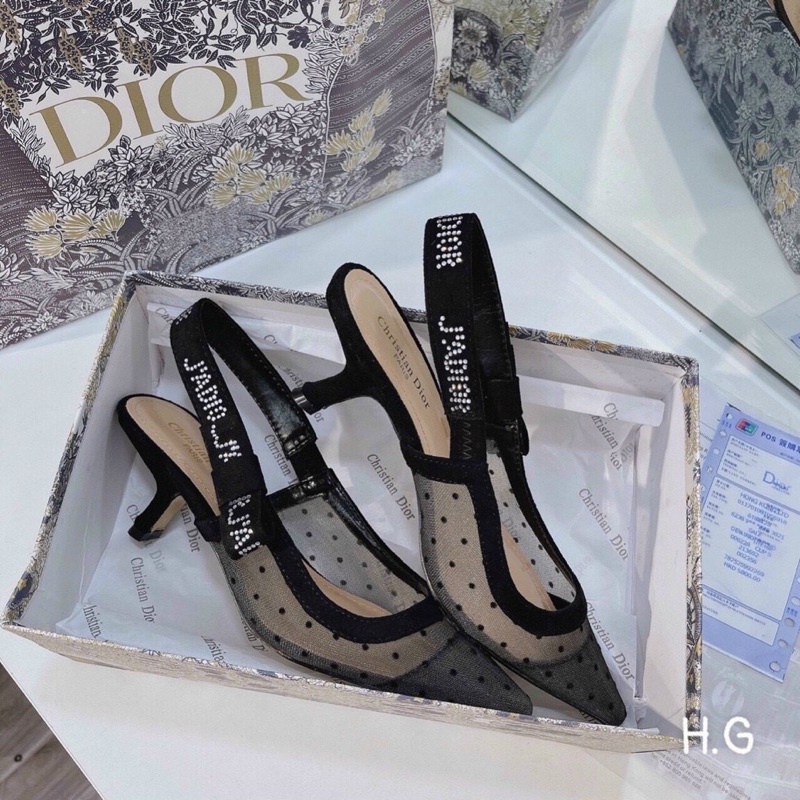 Giày cao gót D i o r chấm bi lưới đá logo fullbox