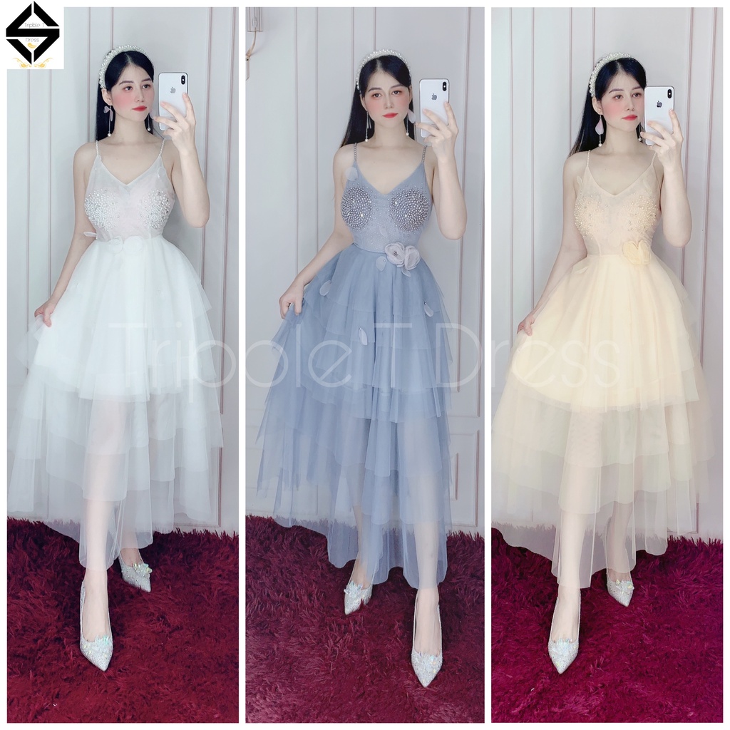 Đầm dự tiệc công chúa 2 dây xếp tầng kết cườm ngọc TRIPBLE T DRESS - size M/L - MS88Y