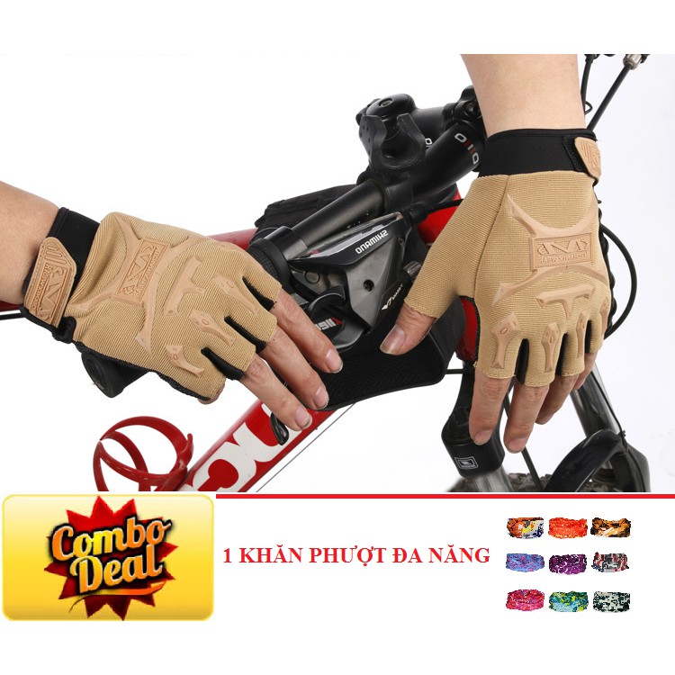 COMBO Găng tay hở ngón kiểu lính (Vàng cát, Size M) + Khăn phượt đa năng