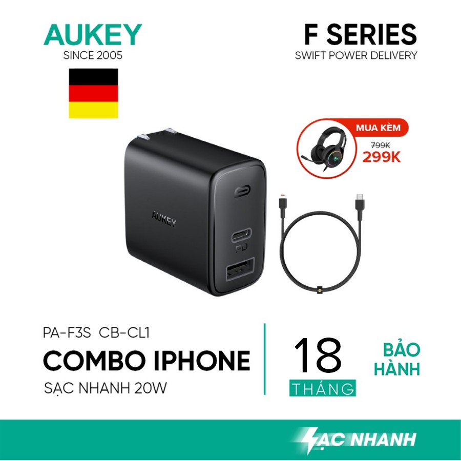 Combo AUKEY Cốc Sạc 2 Cổng PA-F3S Sạc Nhanh Type C PD 18W, USB-A 12W + Cáp C To Lighning MFi CB-CL, Hỗ Trợ PD Lên Tới 22