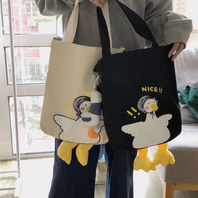 Túi Xách Vải Canvas Mềm In Hình Vịt Hoạt Hình Đáng Yêu Cho Học Sinh