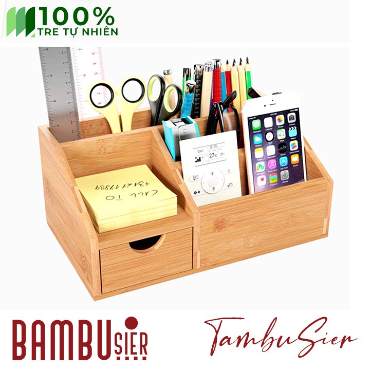 Hộp đựng bút để bàn - khay hộp cắm bút gỗ tre có ngăn kéo