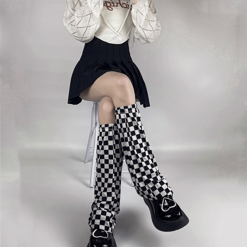 Tất Dài Họa Tiết Sọc Caro Phong Cách Harajuku