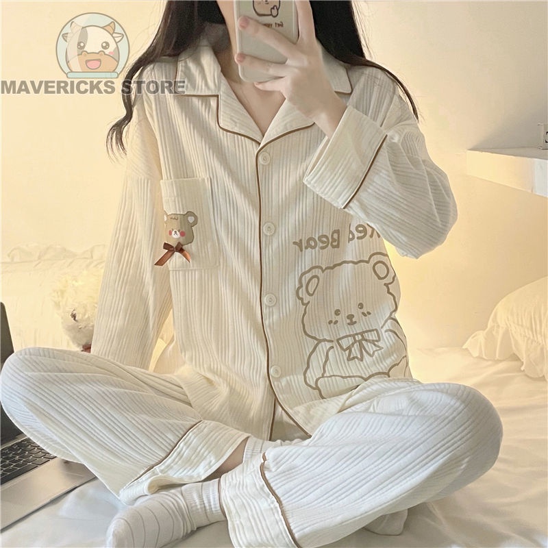 Bộ Đồ Ngủ Tay Dài In Hình Gấu Dễ Thương Phong Cách Hàn Quốc Cho Nữ