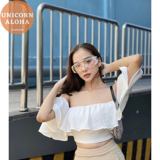 Áo Voan Trễ Vai Bánh Bèo Bẹt Vai Croptop Tay Ngắn Nữ Kiểu Hở Vai Màu Trắng/Đen/Tím Vàng DRACR06 Mys Aloha Kill System