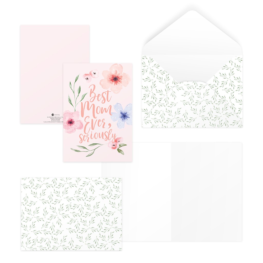 Thiệp tặng mẹ mother’s day ngày phụ nữ BEST MOM EVER SERIOUSLY 12,5x17,6 SDstationery PURPLE hoa màu nước chữ viết tay