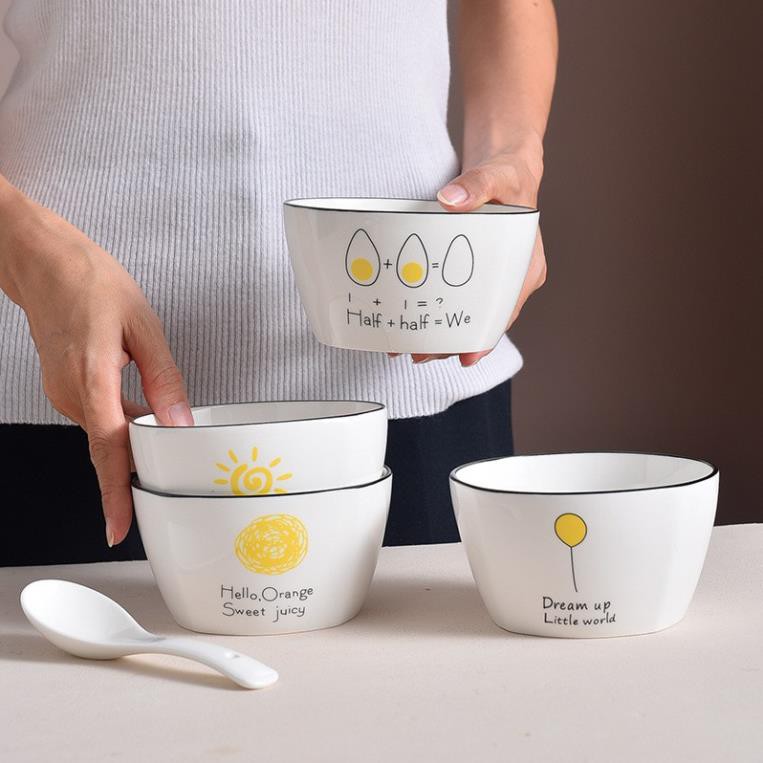 Bát sứ con ăn cơm kèm thìa họa tiết cute kích thước 11,5x6,5cm