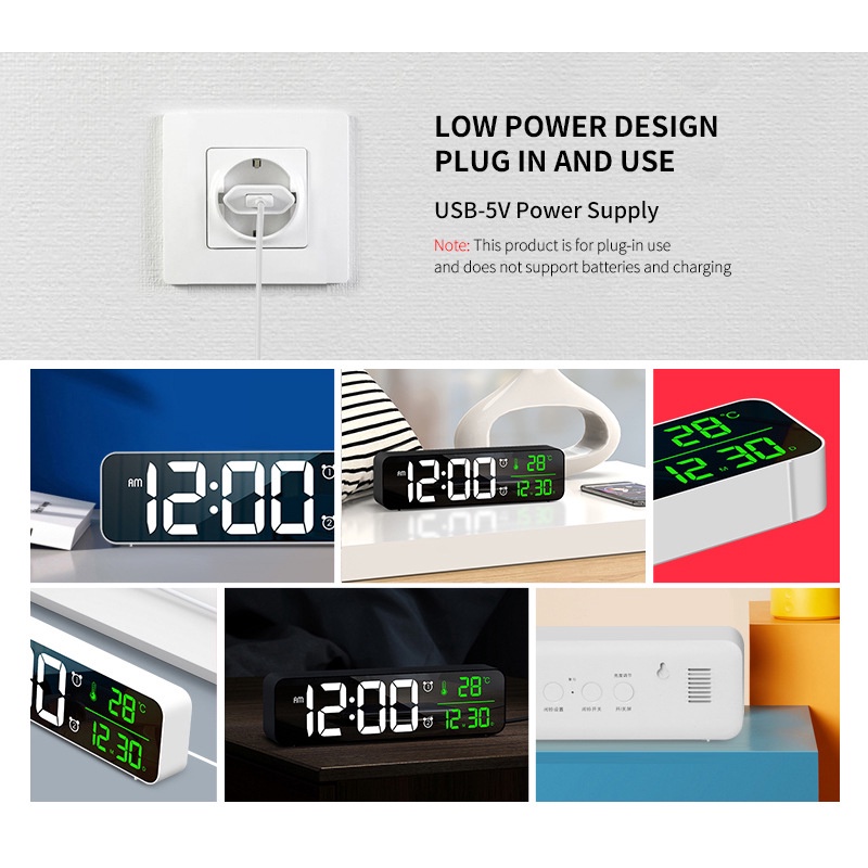 Đồng Hồ Báo Thức Kỹ Thuật Số LED Mặt Gương Hiển Thị Nhiệt Độ / Ngày Tháng Để Bàn Trang Trí Nội Thất