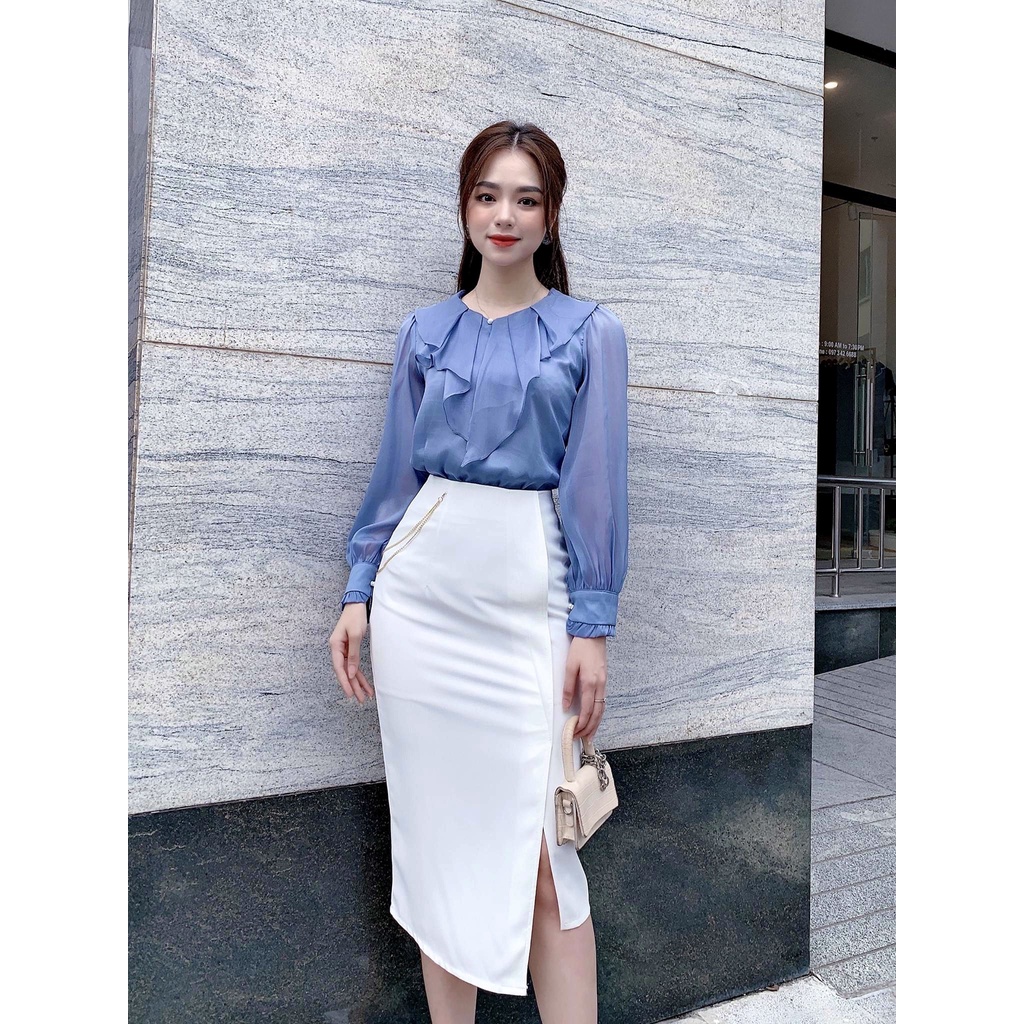 [Mã FAMARAL1 giảm 10K đơn 50K] ÁO SƠ MI TƠ ÓNG CỔ BÈO ĐÍNH NGỌC 2 LỚP