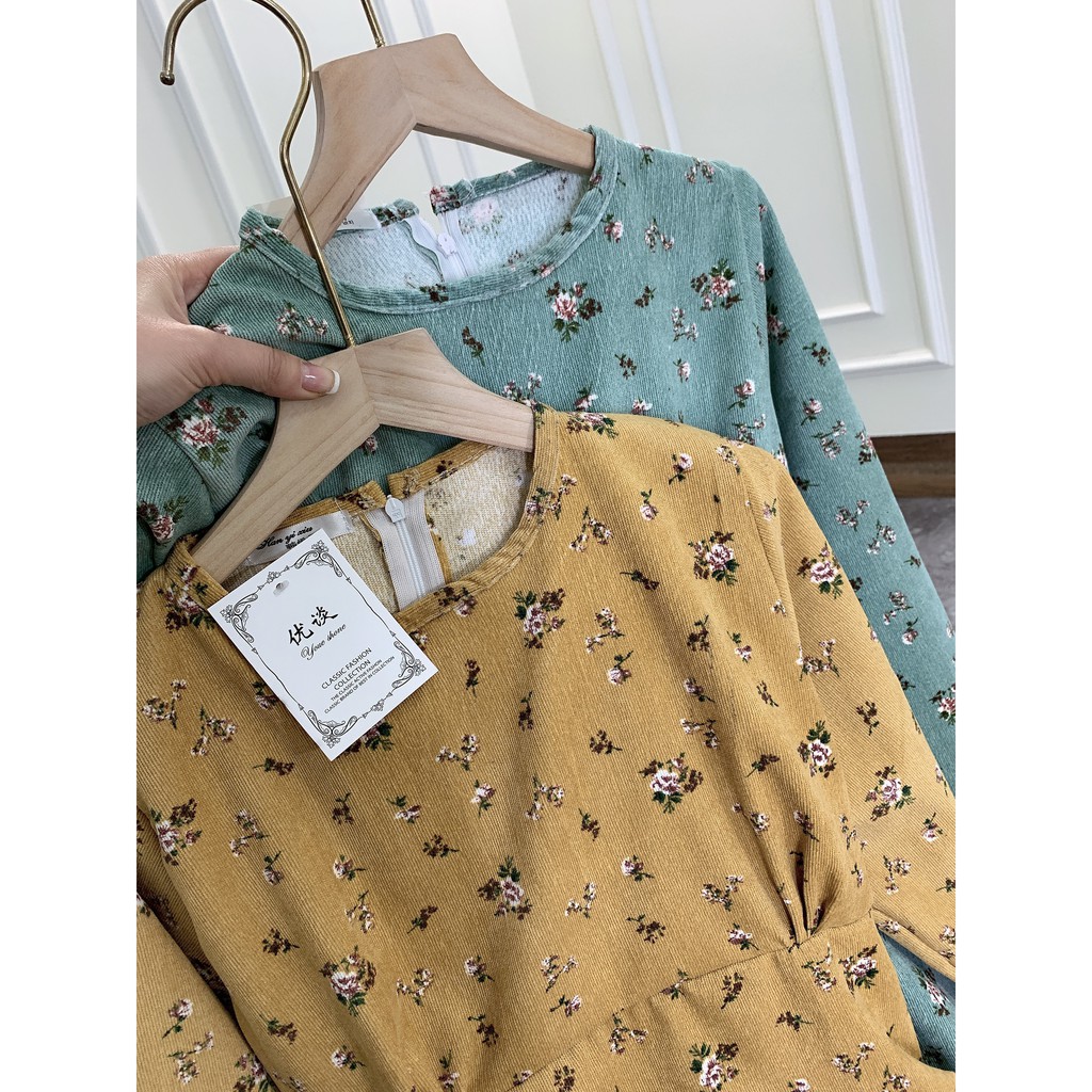 Váy Nhung Nữ, Đầm Xòe Cổ Tròn Tay Phồng Hoa Nhí Tiểu Thu Dễ Thương Cho Phái Đẹp. | BigBuy360 - bigbuy360.vn