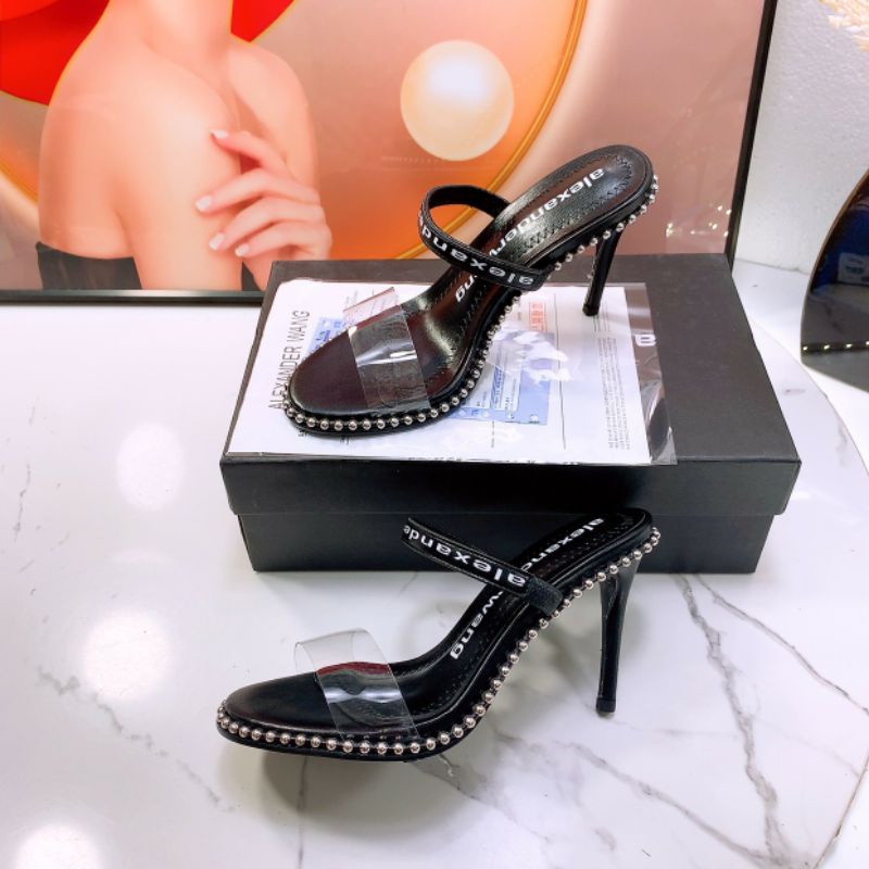 Sandal Wangg viền bi quai mica trong gót đũa siêu chảnh hàng cao cấp đen