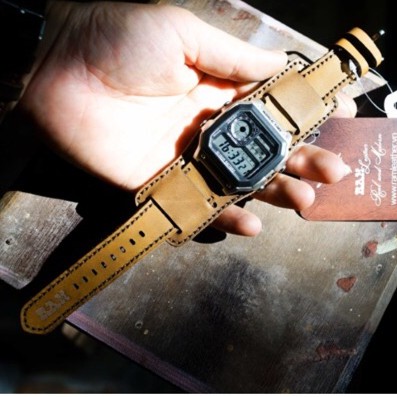 Combo Dây đồng hồ RAM Leather vintage B2 1986 da bò thật màu vàng quân đội vintage