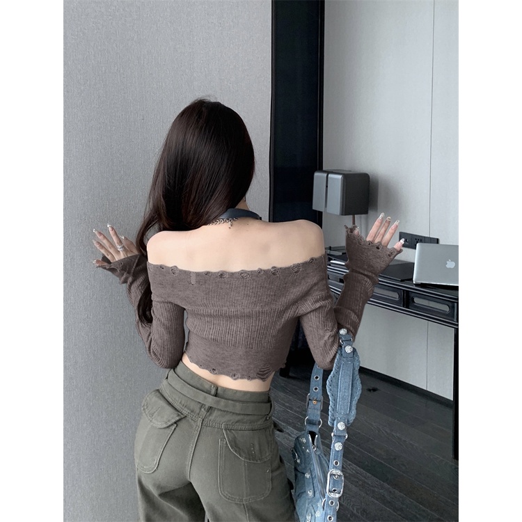 Áo sweater Dệt Kim Mỏng Màu Trơn Trễ Vai Thiết Kế Rách Cá Tính