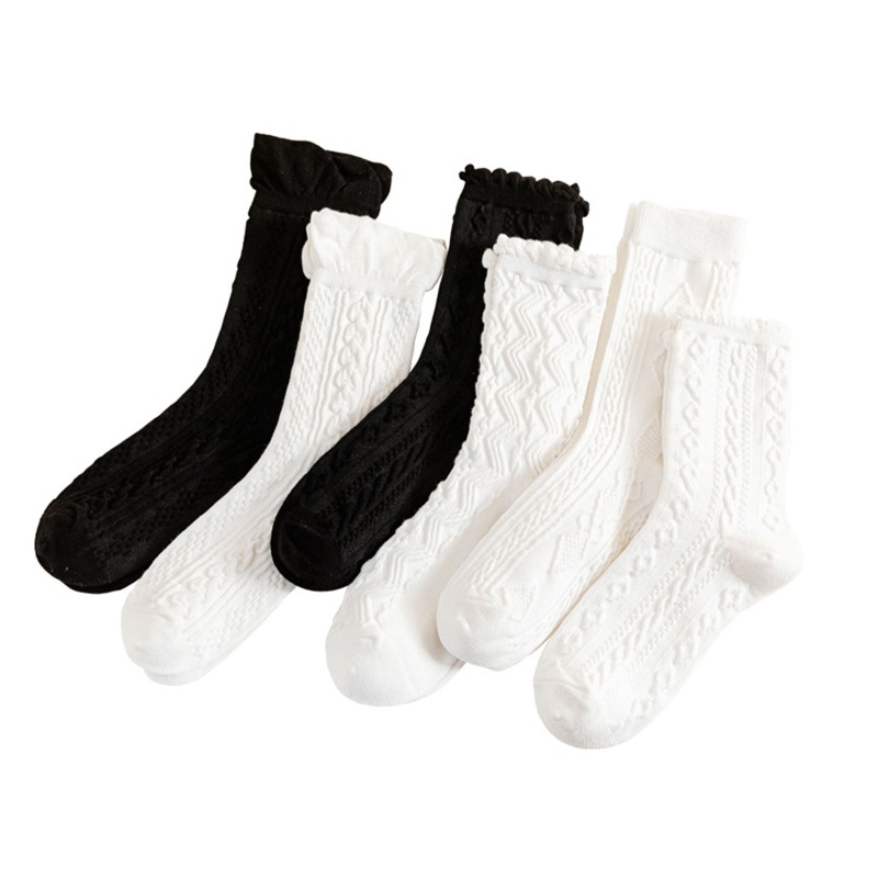 Vớ cotton dệt kim viền xoắn họa tiết sọc màu trắng/ đen phong cách học đường cho nữ sinh
