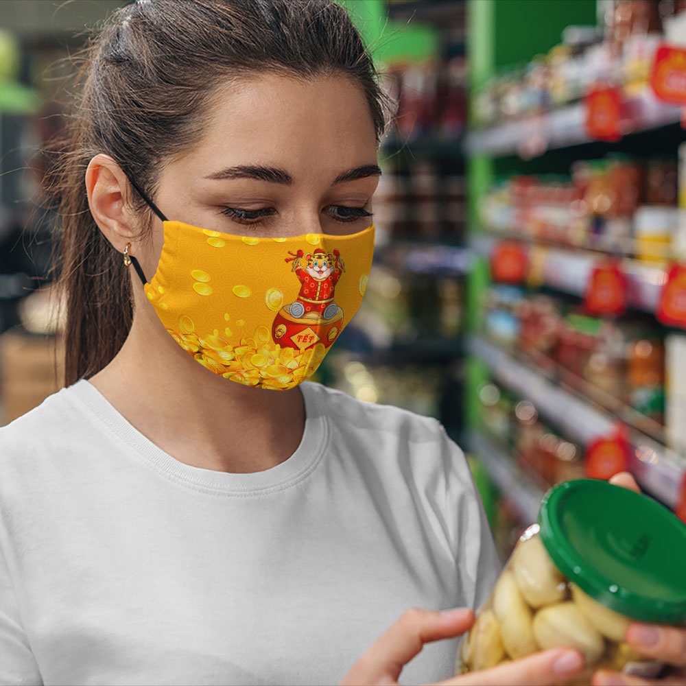 Khẩu trang happy new year 2022 tết nhâm dần chúc mừng năm mới cát tường tài lộc hổ vàng CARTWELL có thể giặt và tái sử d