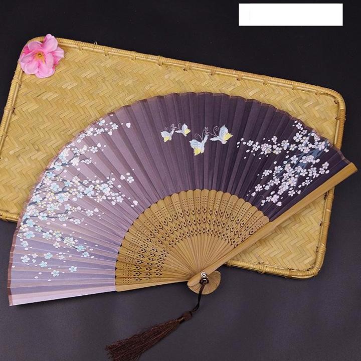 ( 50k) Quạt cổ trang dây tuyến đen lá liễu hồng xám quạt xếp cầm tay phong cách Trung Quốc phong cách cổ trang cổ điển