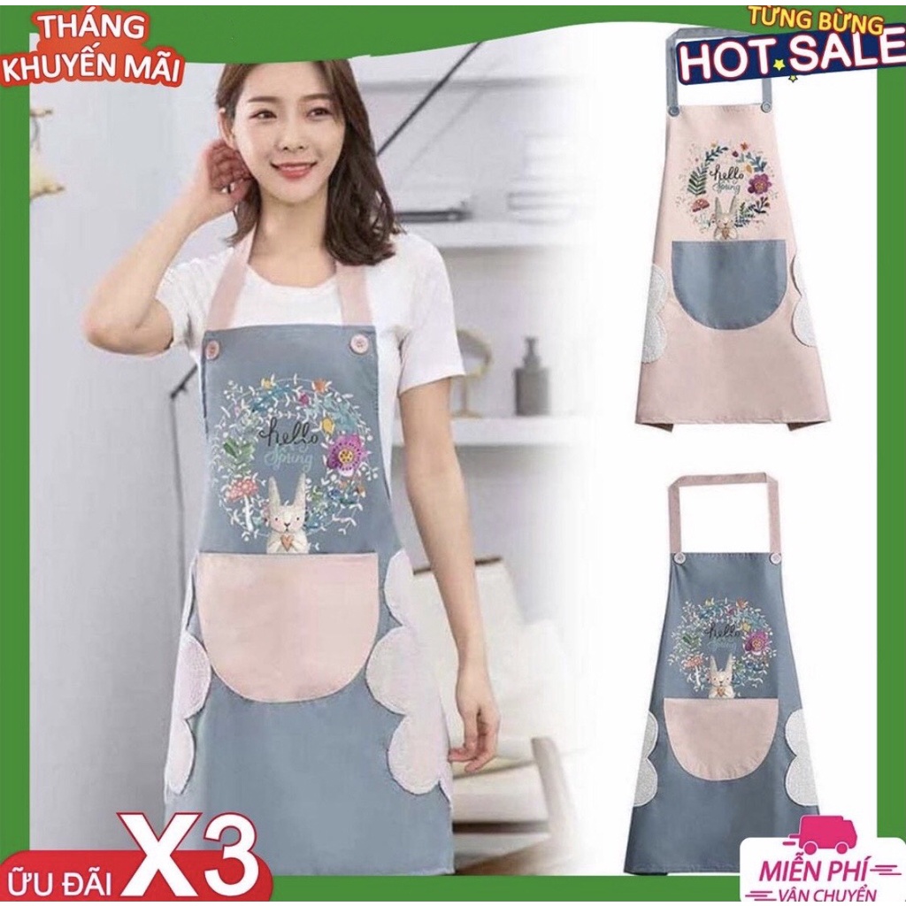 Tạp dề nhà bếp nấu ăn vải canvas chống thấm nước dễ thương hoạ tiết thỏ xinh túi lớn có lau tay