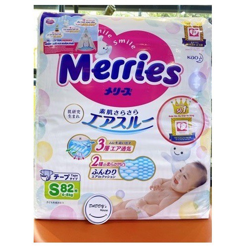 Bỉm/Tã dán Merries size S 82 miếng (cho bé 4 - 8kg)