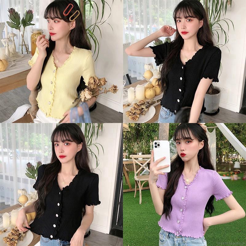 Áo Cardigan Dệt Kim Tay Ngắn Phối Nút Phong Cách Hàn Quốc Cho Nữ