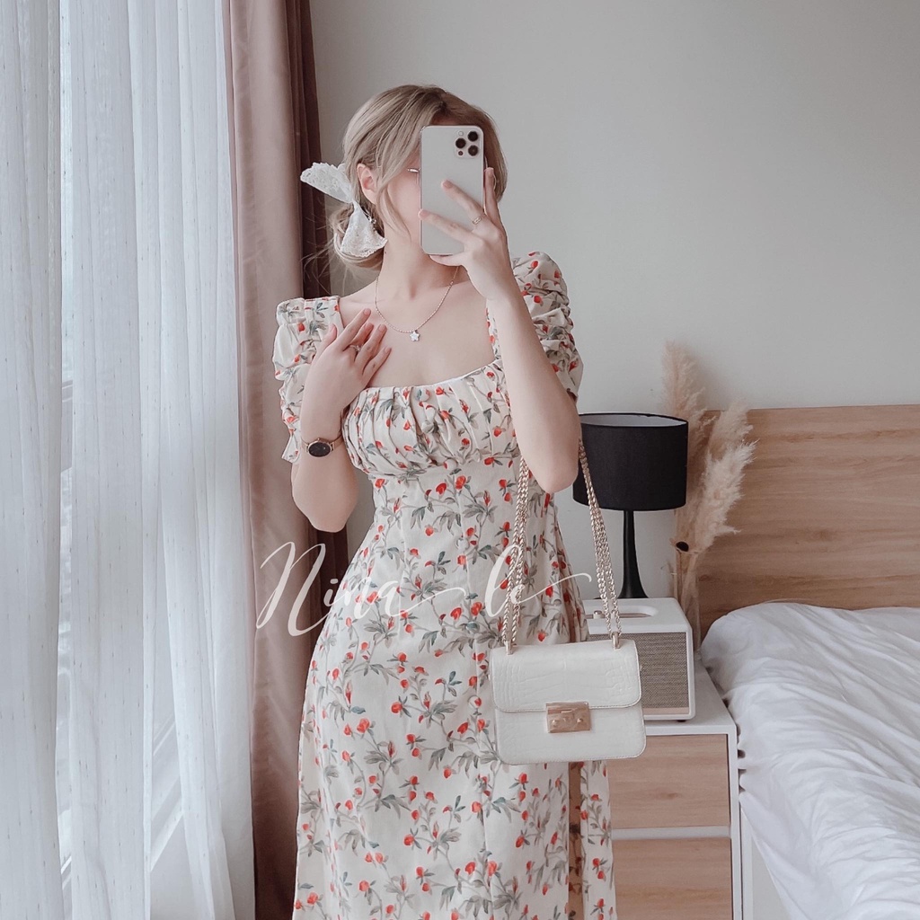 Đầm nữ lụa hoa cổ Vuông xếp ly ngực  màu sắc thanh lịch, quý phái giúp nàng nổi bật đi chơi, dự tiệc