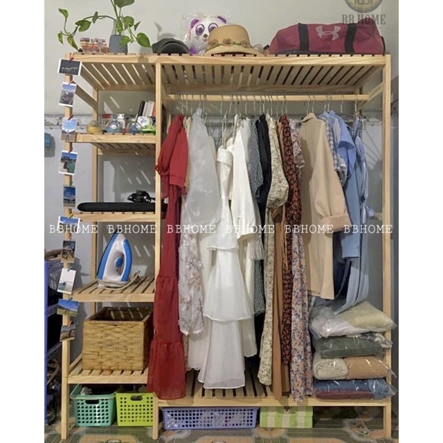 Tủ kệ treo quần áo 2 ngăn size lớn - Gỗ thông Mỹ