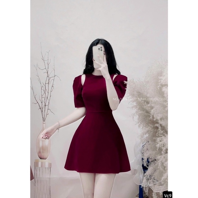 Đầm Xòe Màu Đỏ Dáng Xòe🔥  Kiểu Tay Phồng Hở Vai🔥 Chất Vải cotton lạnh | BigBuy360 - bigbuy360.vn