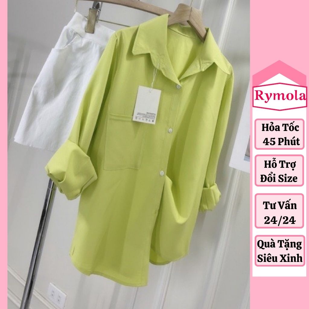 Áo Sơ Mi Form Rộng Màu Xanh Bơ RYMOLA Sơmi Xanh Cốm Tay Dài Kiểu Dấu Quần Oversize Dáng Dài Hàn Quốc Vintage