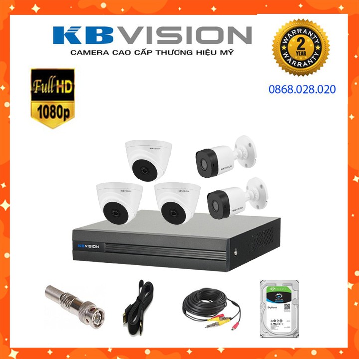 {Giá Siêu Hot} Combo 5 mắt camera KBVISION Full HD 1080P kèm ổ cứng 500g + 50m dây liền nguồn bấm sẵn đầu