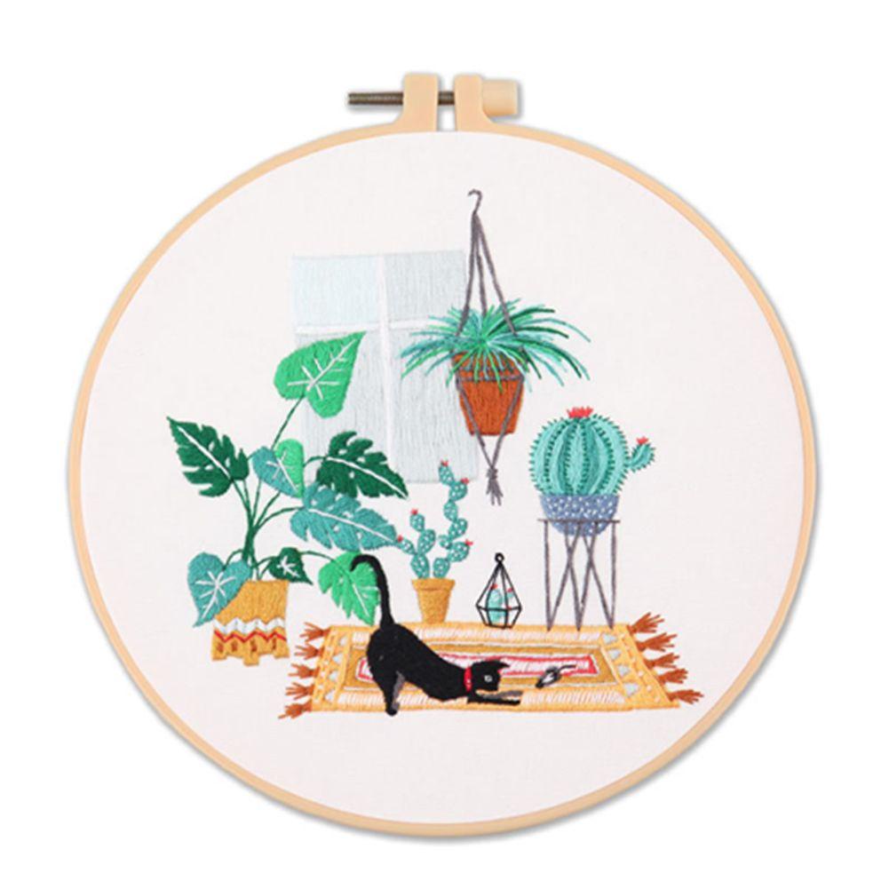 LEISURE Bộ Dụng Cụ Thêu Hoa Cỏ Thủ Công Hình Tròn Màu Đen Cho Người Mới Bắt Đầu