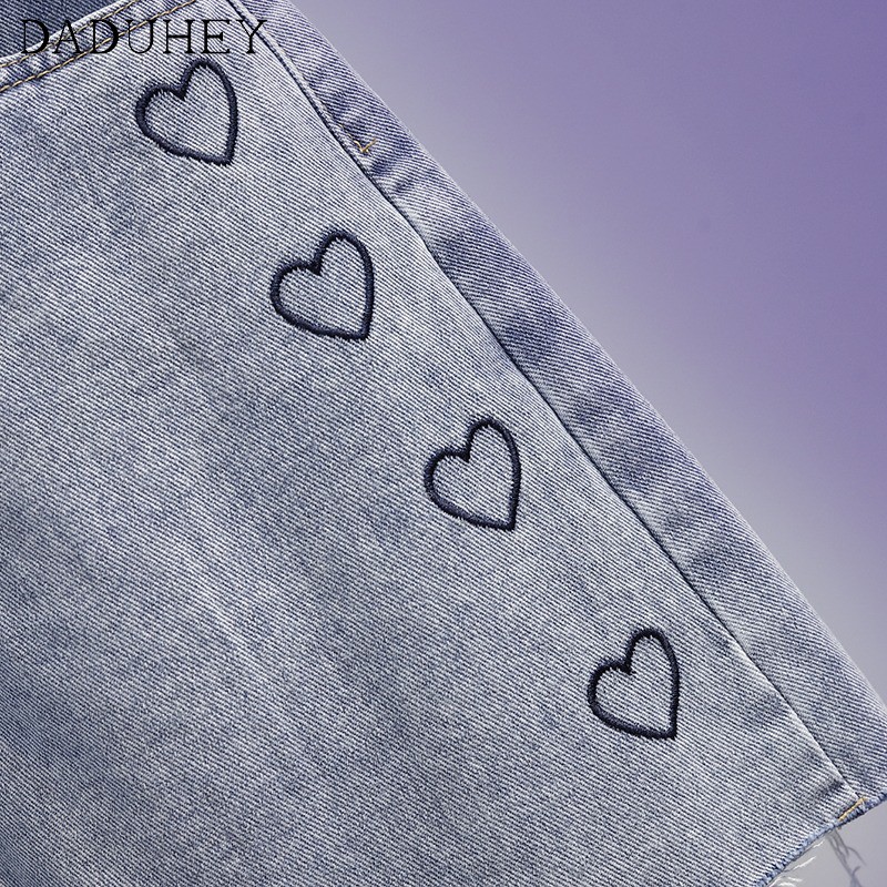 Chân váy jean Lưng Cao Dáng Chữ A Thêu Họa Tiết Trái Tim Xinh Xắn Thời Trang Mùa Hè Cho Nữ