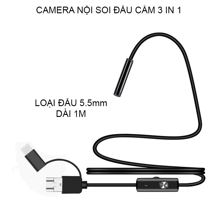 Camera nội soi 5.5mm đầu kết nối 3 trong 1, dài 1-2-5m tùy chọn (hỗ trợ điện thoại Android và máy tính)