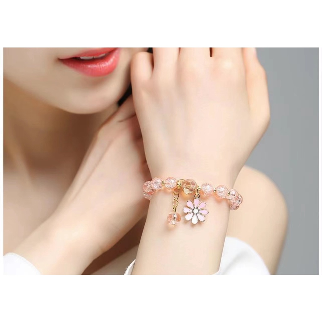 Vòng Đeo Tay Mặt Hoa Cúc Pha Lê Hồng Dành Cho Nữ