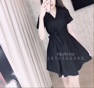 🍒Đầm xoè cổ V đắp chéo eo cột nơ