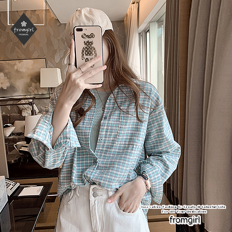 Áo sơ mi nữ tay dài dáng rộng in họa tiết kẻ sọc