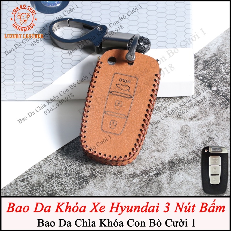 Bao Da Chìa Khoá Kia, Hyundai Sonata 3 Nút Bấm Da Bò Thật, Bảo Hành 2 Năm,  Khắc Tên, Sđt Chủ Xe