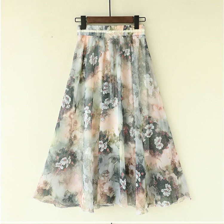 Chiffon Floral Skirt  long skirt, high waist and thin A-line skirt, printed skirt, large swing skirt, mid-length skirt