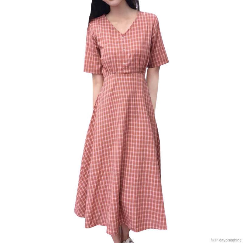 Women Plaid Print Round Collar Strap Waist Slim Shirts Dress