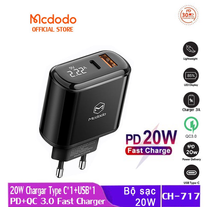 Bộ Sạc Nhanh Mcdodo 20W/33W PD+QC for  Xiaomi Samsung Huawei iP 13 12 11 Pro MAX CH-717/092