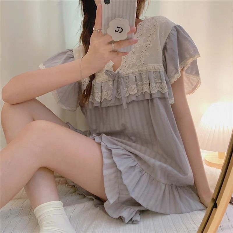 BN33_ bộ ngủ pijama cổ bèo dáng ngắn tay phong cách Hàn Quốc