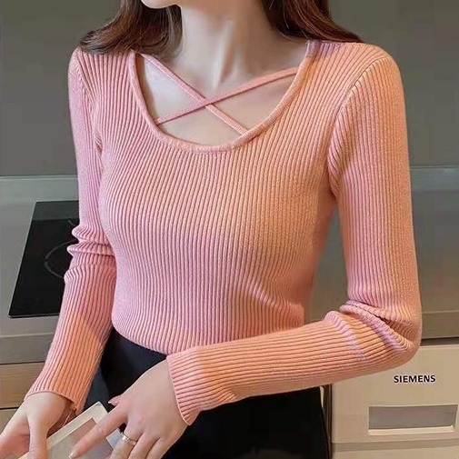 【ZHELIHANGFEI】Áo Dệt Kim Tay Dài Thiết Kế Đan Chéo Ngực Quyến Rũ