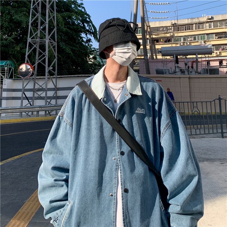 Áo Khoác Denim Thêu Chữ Phong Cách Harajuku Hàn Quốc Dễ Phối Đồ Thời Trang Cho Nam TF1