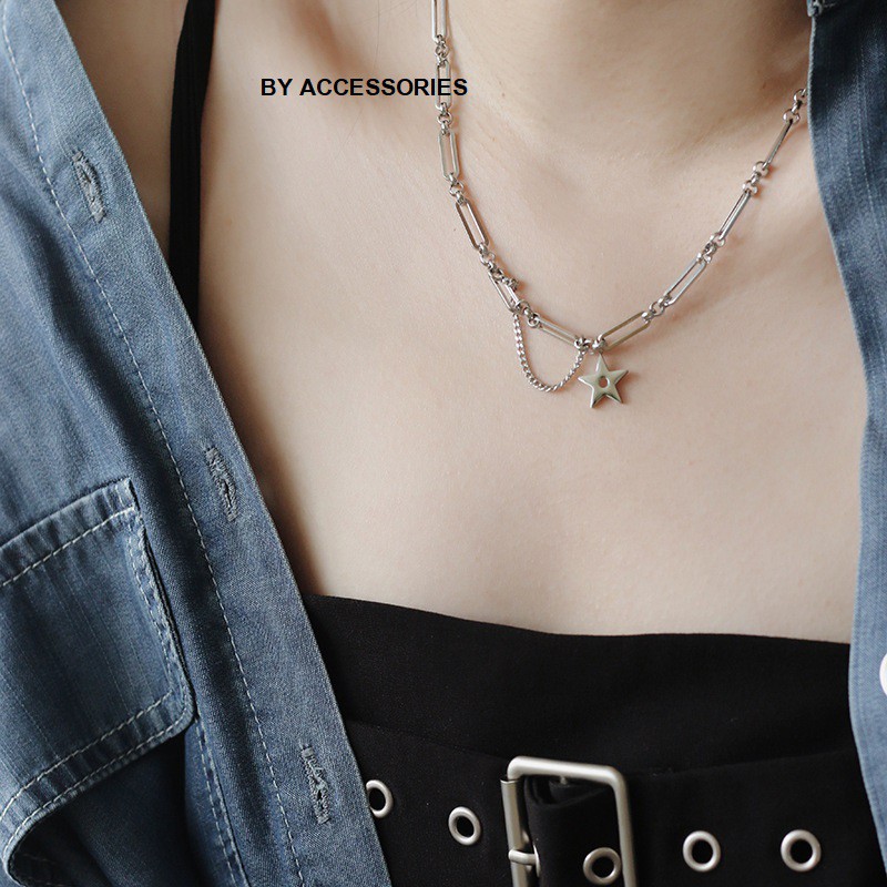 Dây chuyền titan xích chữ nhật bầu nhỏ nối khoen phối mặt ngôi sao không gỉ