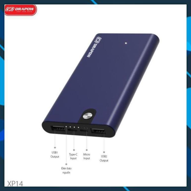 Củ sạc dự phòng Powerbank 10000mAh Xp14 nhôm nguyên khối - 2 cổng sạc - Chính hãng Drapow  - BH 12 tháng Giá Rẻ