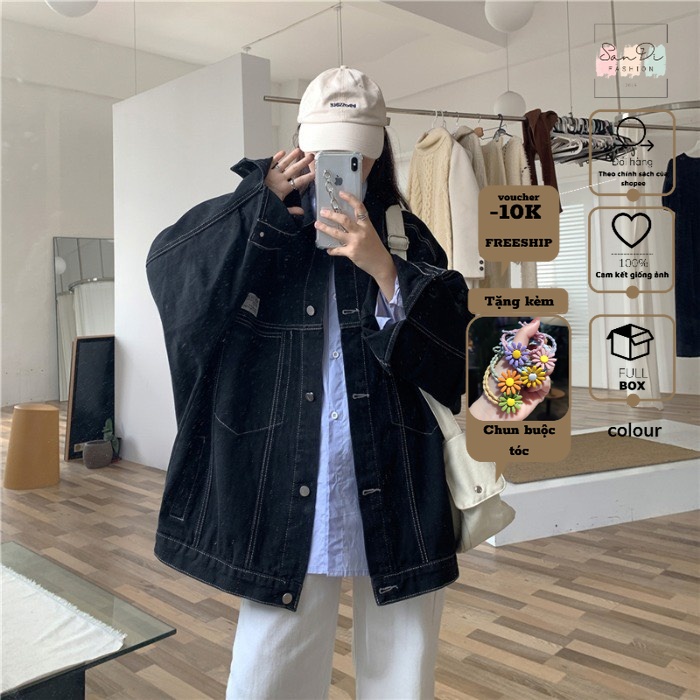 Áo Jean nữ Unisex - Áo Khoác Bò Thêu LOGO chỉ nổi dáng rộng SanDi