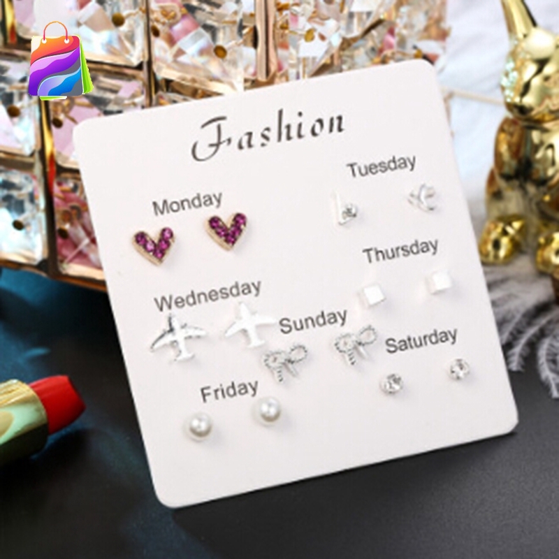 Set 7 Đôi Bông Tai Hình Trái Tim Đính Đá Xinh Xắn Cho Nữ