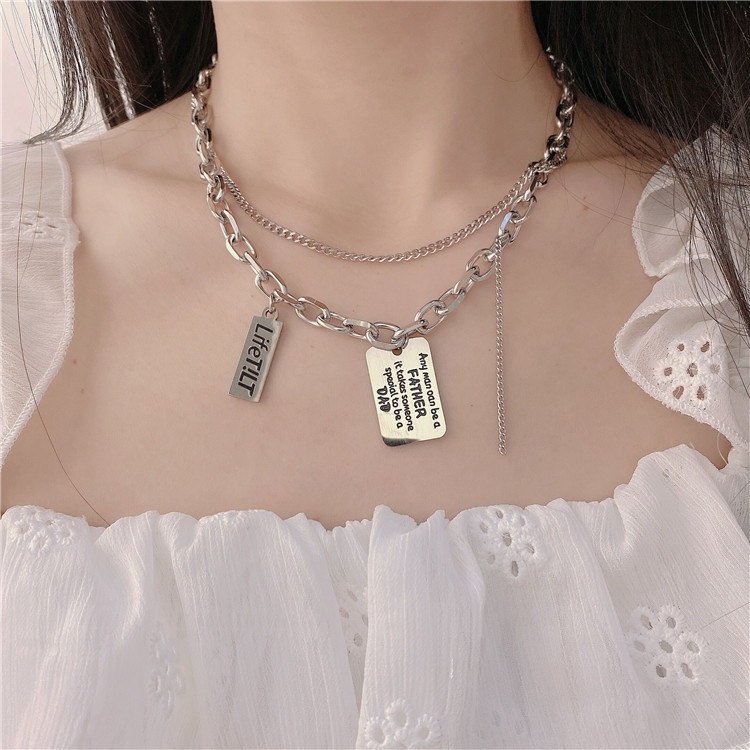 Dây chuyền 19501 nhiều lớp dày mặt vuông khắc chữ thời trang dành cho nam và nữ