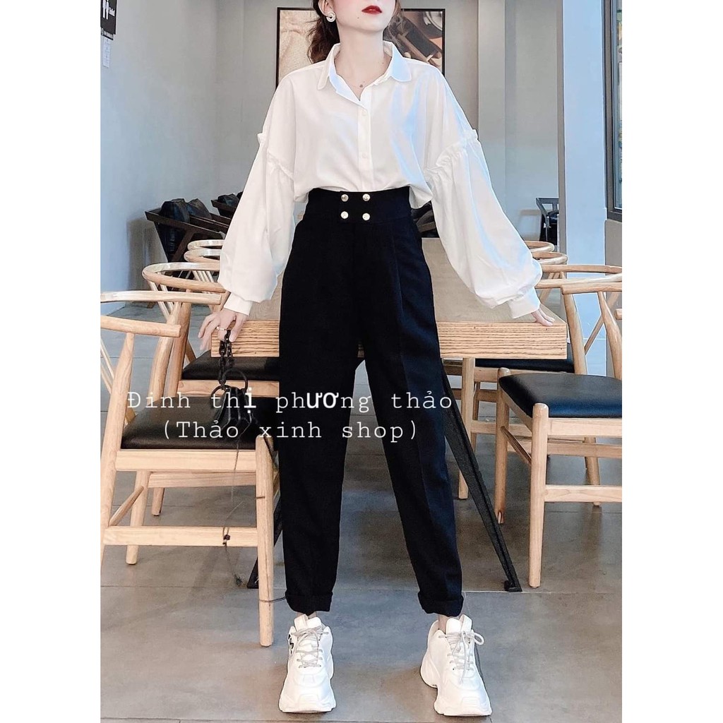 SET ÁO SƠ MI MIX QUẦN BAGGY HOT - ÁO SƠ MI TRẮNG TAY BÈO + QUẦN VẢI ĐEN 4 KHUY CÀI KHÓA KÉO