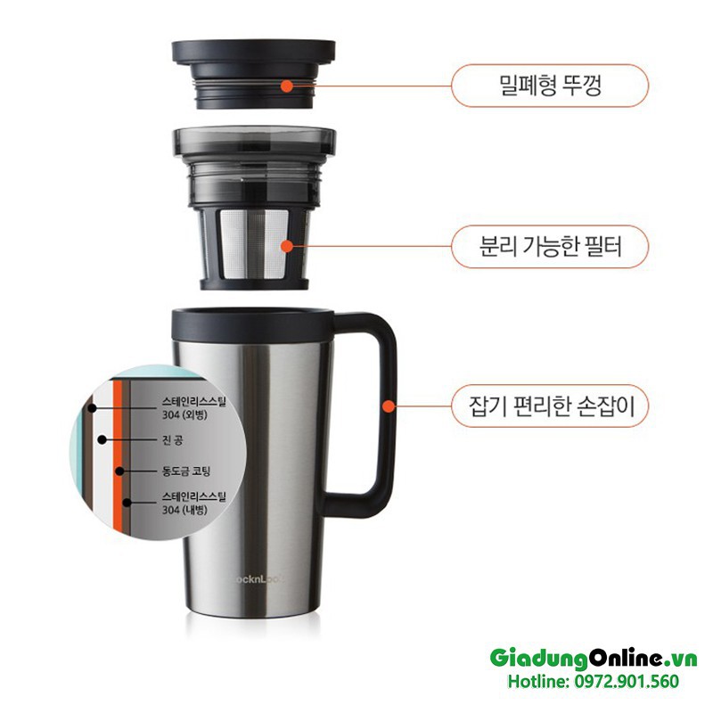 Ly Giữ Nhiệt Có Lọc inox Pha Cà Phê, Trà Lock&Lock Coffee Filter Mug LHC4197 580ml Màu Bạc