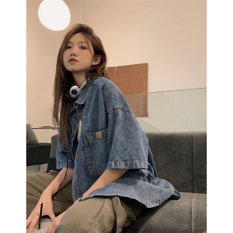 Áo Sơ Mi denim Tay Ngắn Dáng Rộng Thời Trang Mùa Hè Phong Cách Hàn Quốc Cho Nữ
